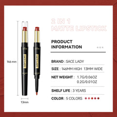 Sace Lady Matte Finish 2-in-1 Matte Lipstick & Lip Liner – Velvet Texture, Long-lasting Pigment