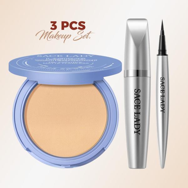 3-Piece Makeup Set - Oil Control Powder, Long-Lasting Mascara & Black Eyeliner