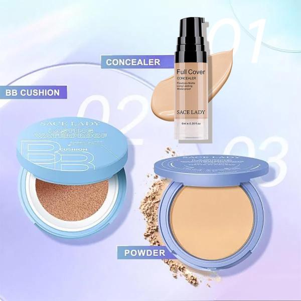 Flawless Finish Set: Full Coverage Concealer, BB Cushion Foundation, and Waterproof Powder